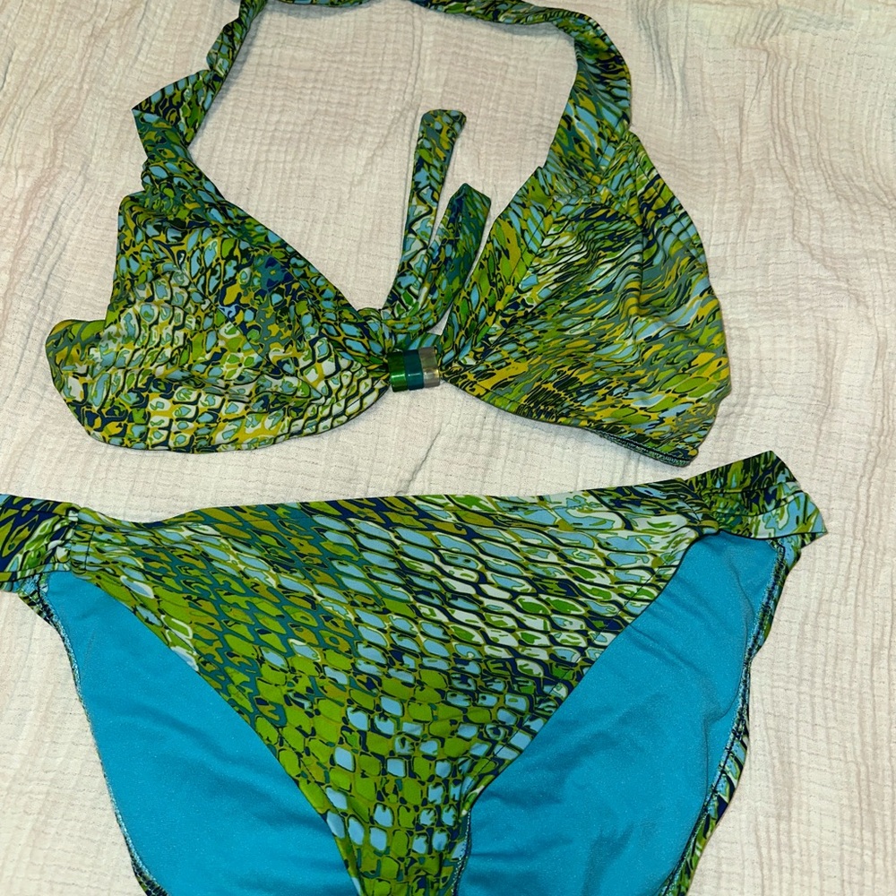 Vibrant Green and Blue Snake Print Bikini Set